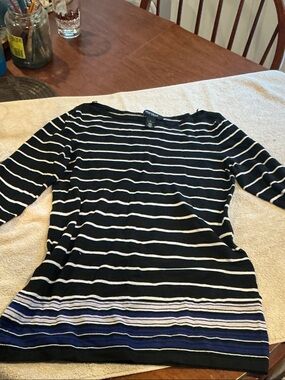 White House Black Market Black and White Striped Long Sleeve Top with Blue Hem